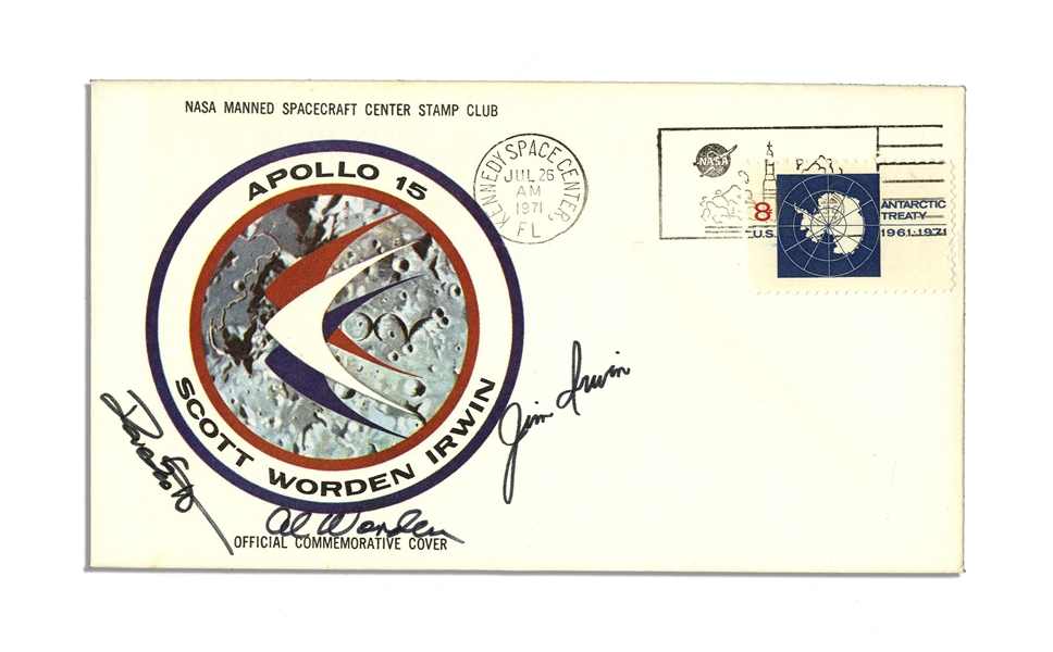 Apollo 15 Crew-Signed NASA Insurance Cover -- With COA From Al Worden & Additionally Signed Twice by Worden on Verso, ''from my Personal Collection''